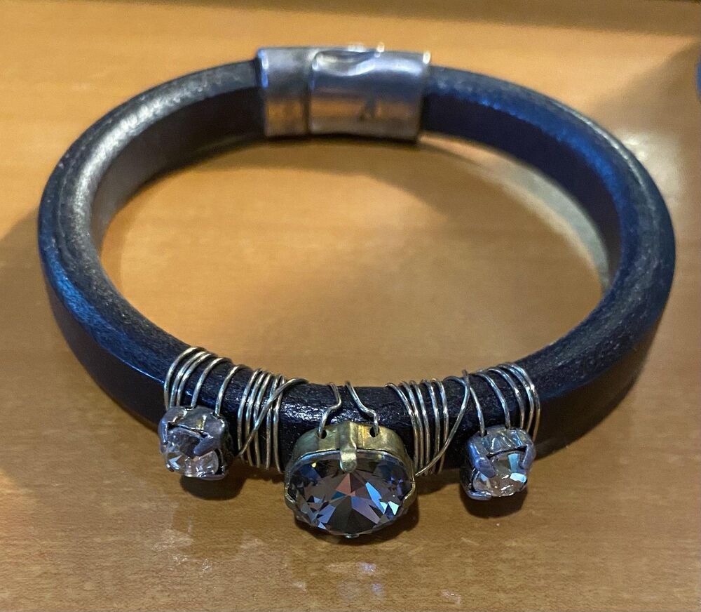 Black Leather Crystal Cuff Bracelet Womens 7 Inch Jewelry